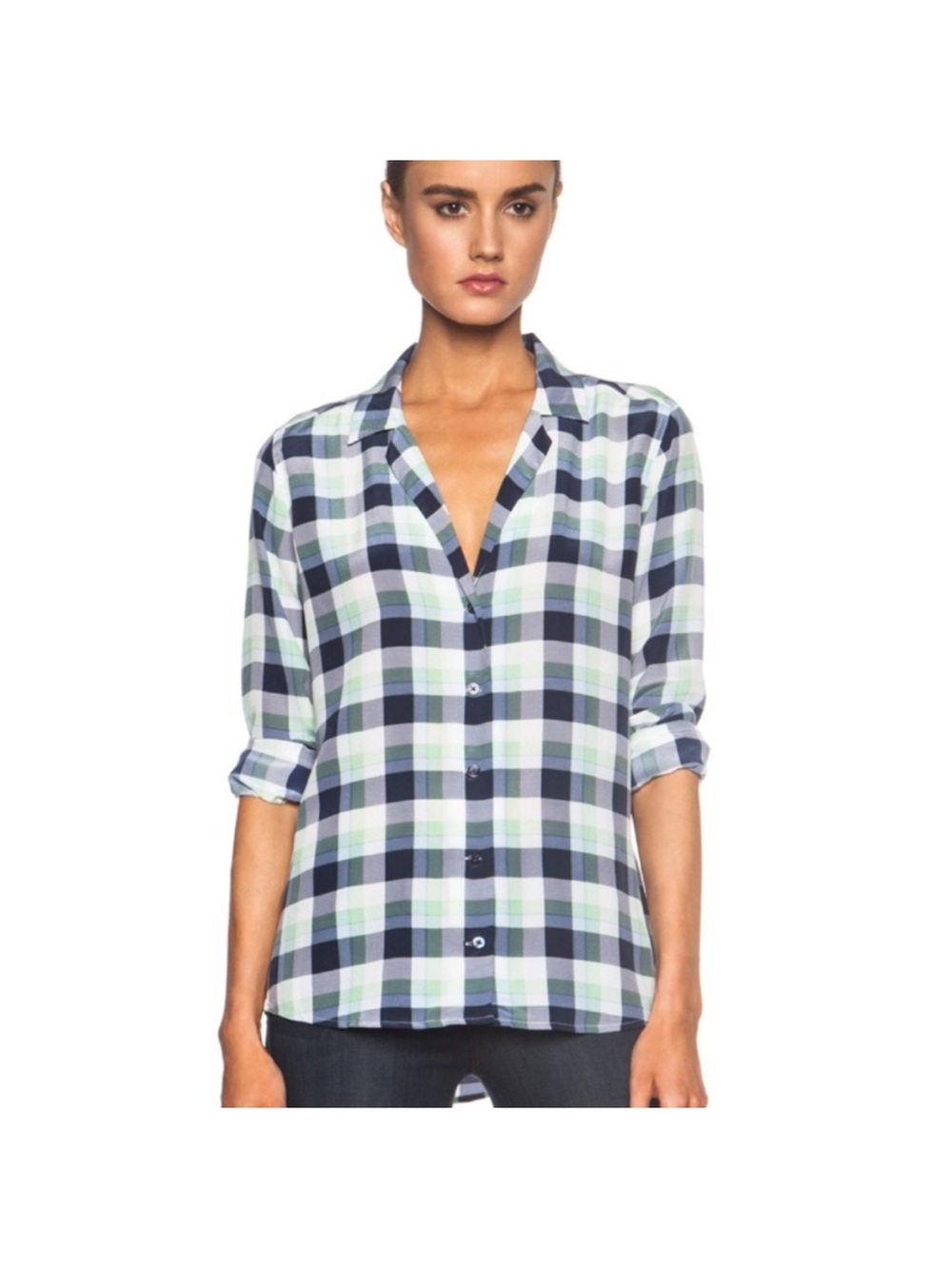 Equipment Plaid Button-Down Shirt in Navy, White & Light Green, S